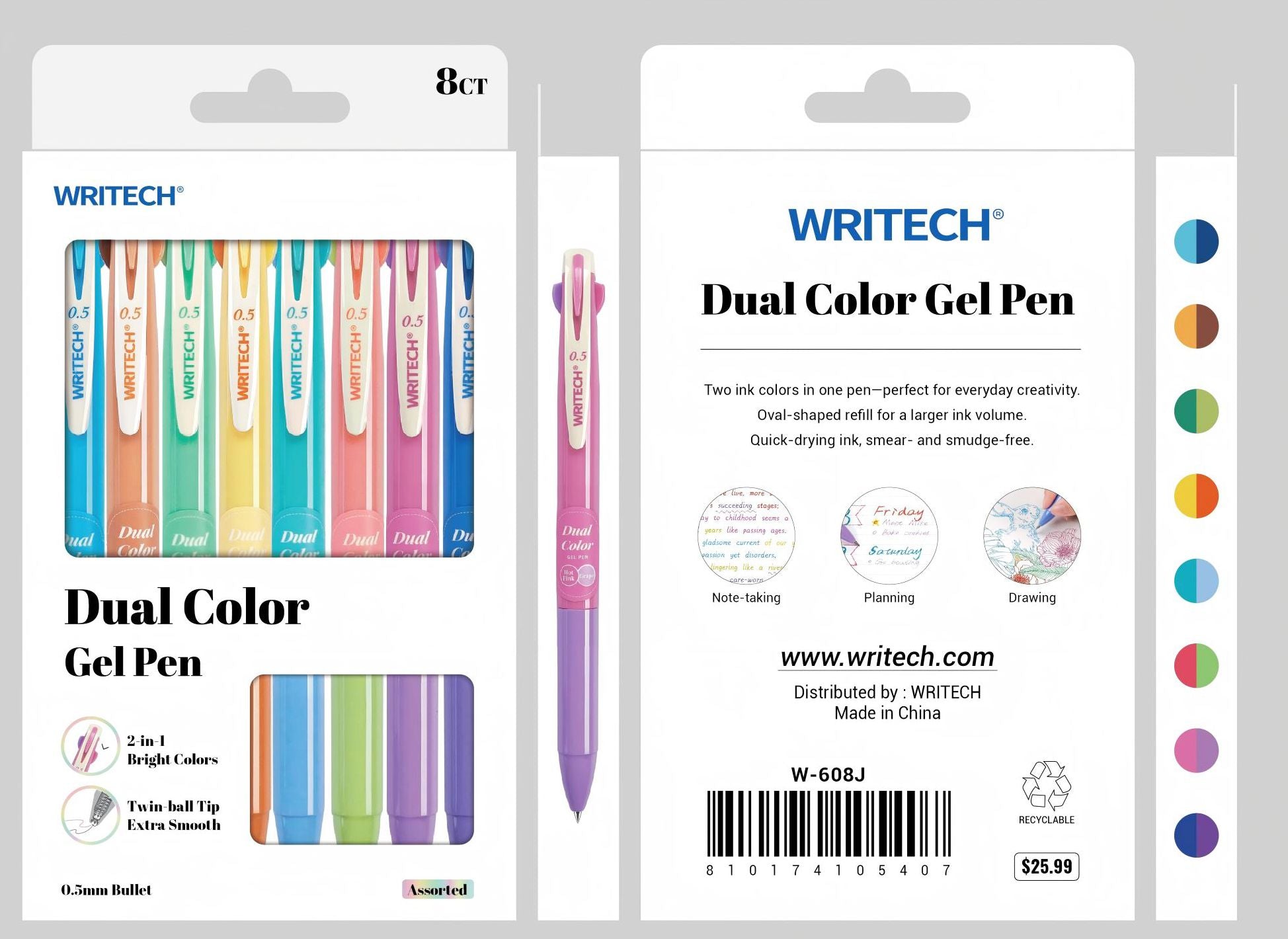 Vintage Dual Color Gel Pen S/8 - Assorted Ink