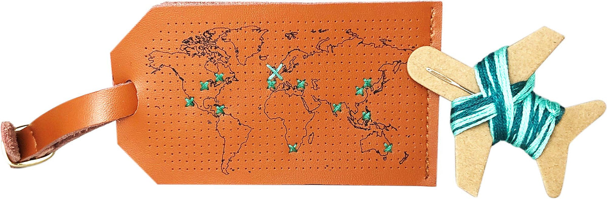 Stitch Your Travels Map Luggage Tag - Brown Leather