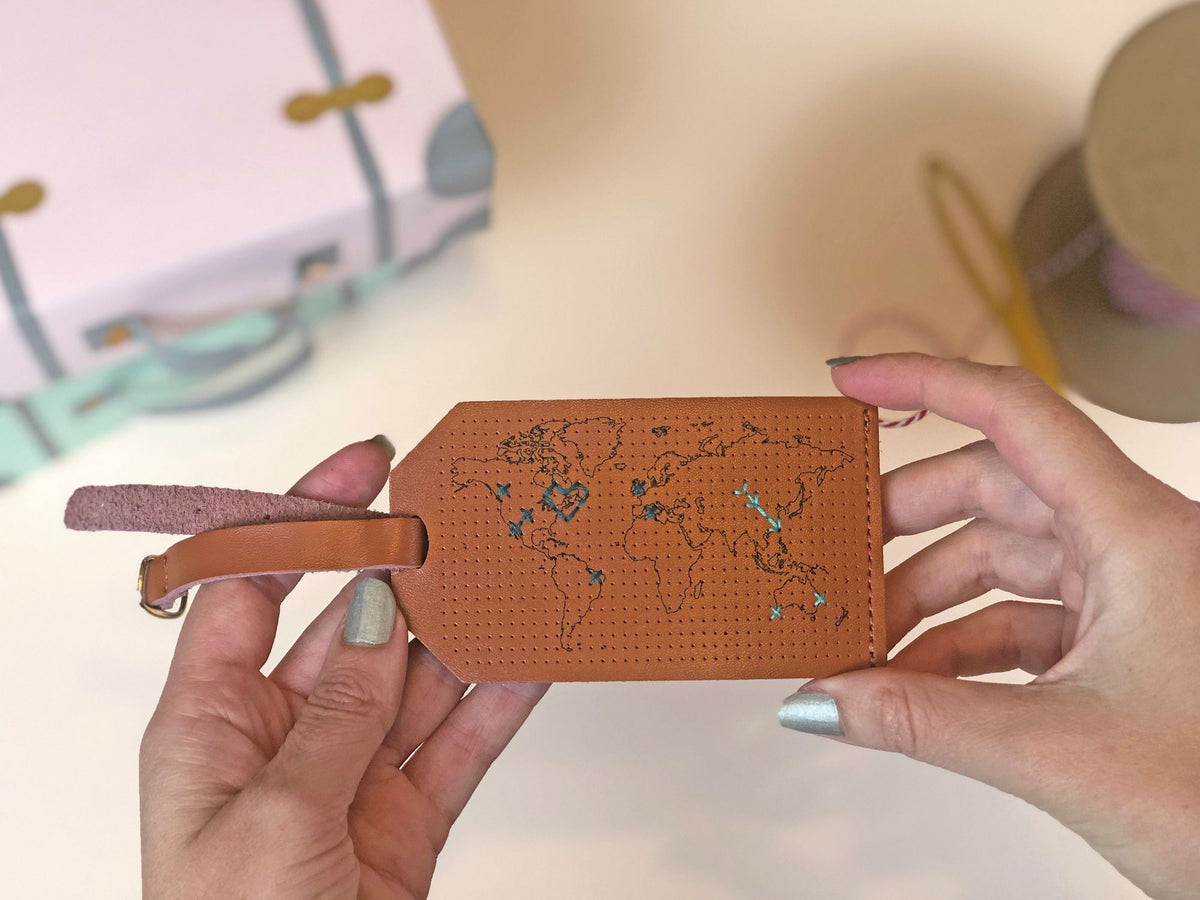 Stitch Your Travels Map Luggage Tag - Brown Leather