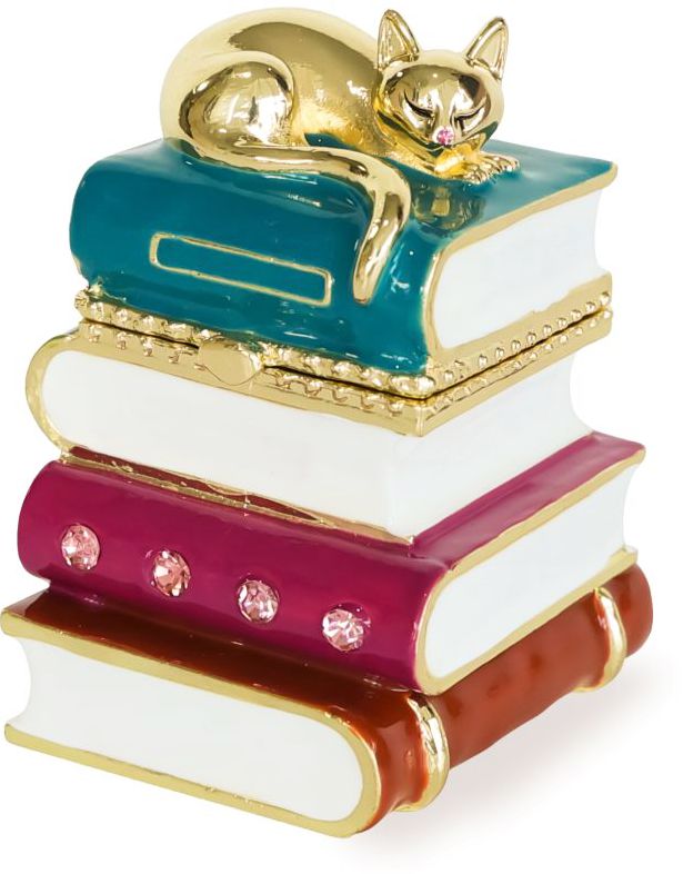 Cat & Books Enameled Lidded Trinket Box