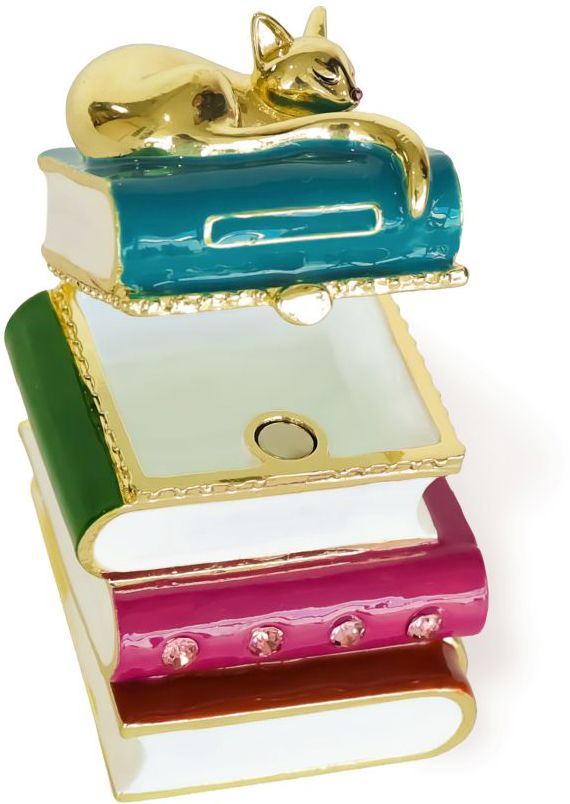 Cat & Books Enameled Lidded Trinket Box