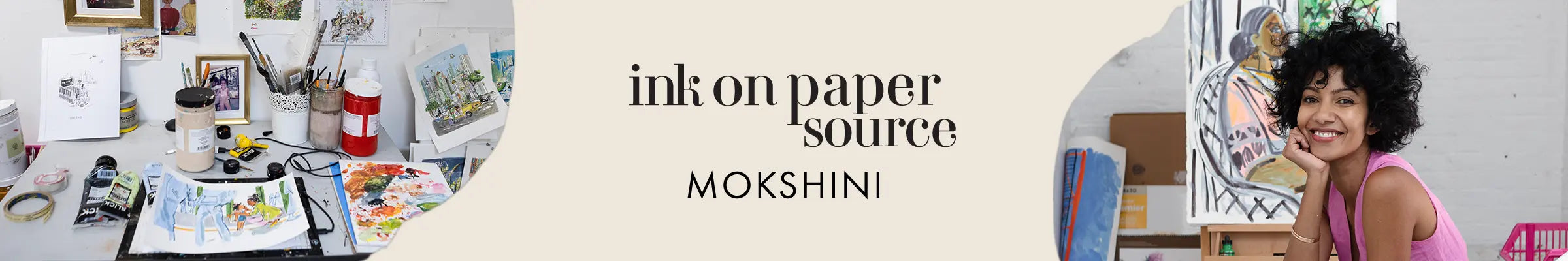 Ink on Paper Source Artist Mokshini behind the scenes artwork and headshot.