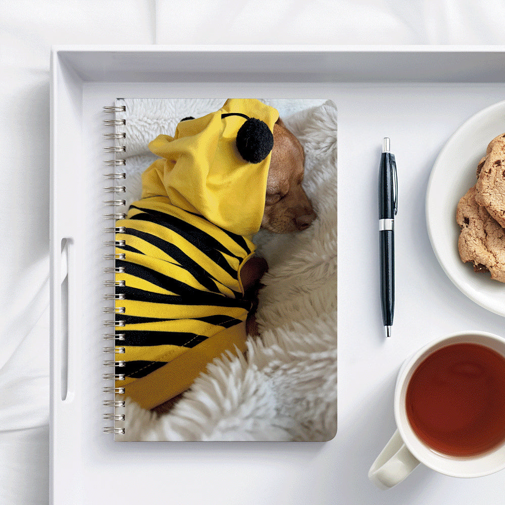 Journal with custom photograph of a dog sleeping in a honeybee costume.