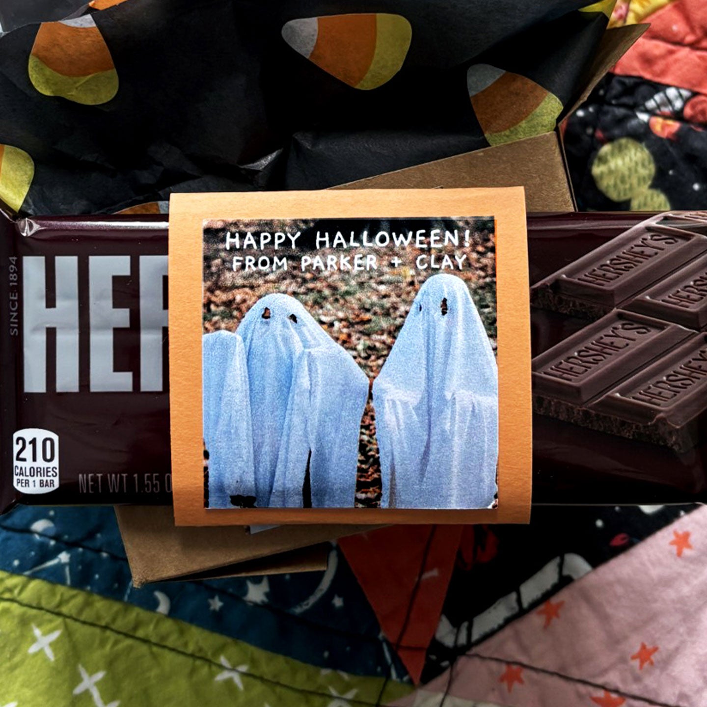 Square label with a custom photograph of two ghosts, reads "Happy Halloween! From Parker and Clay".