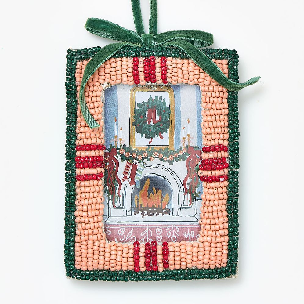Glass Beaded Photo Frame Ornament Velvet Bow & Hanger