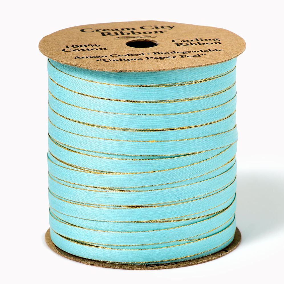 Skinny Cotton Ribbon Sky Blue/Gold 50yd