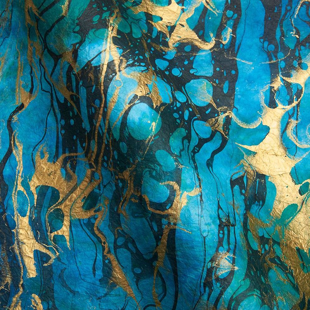 Blue with Gold and Black Marbling Waves Handmade Paper