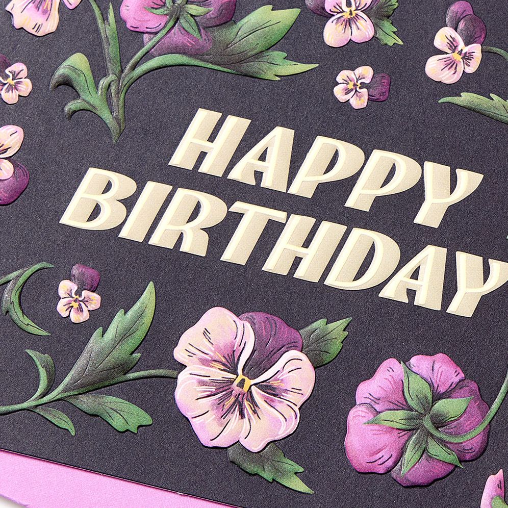 Purple Pansies Embellished Birthday Card