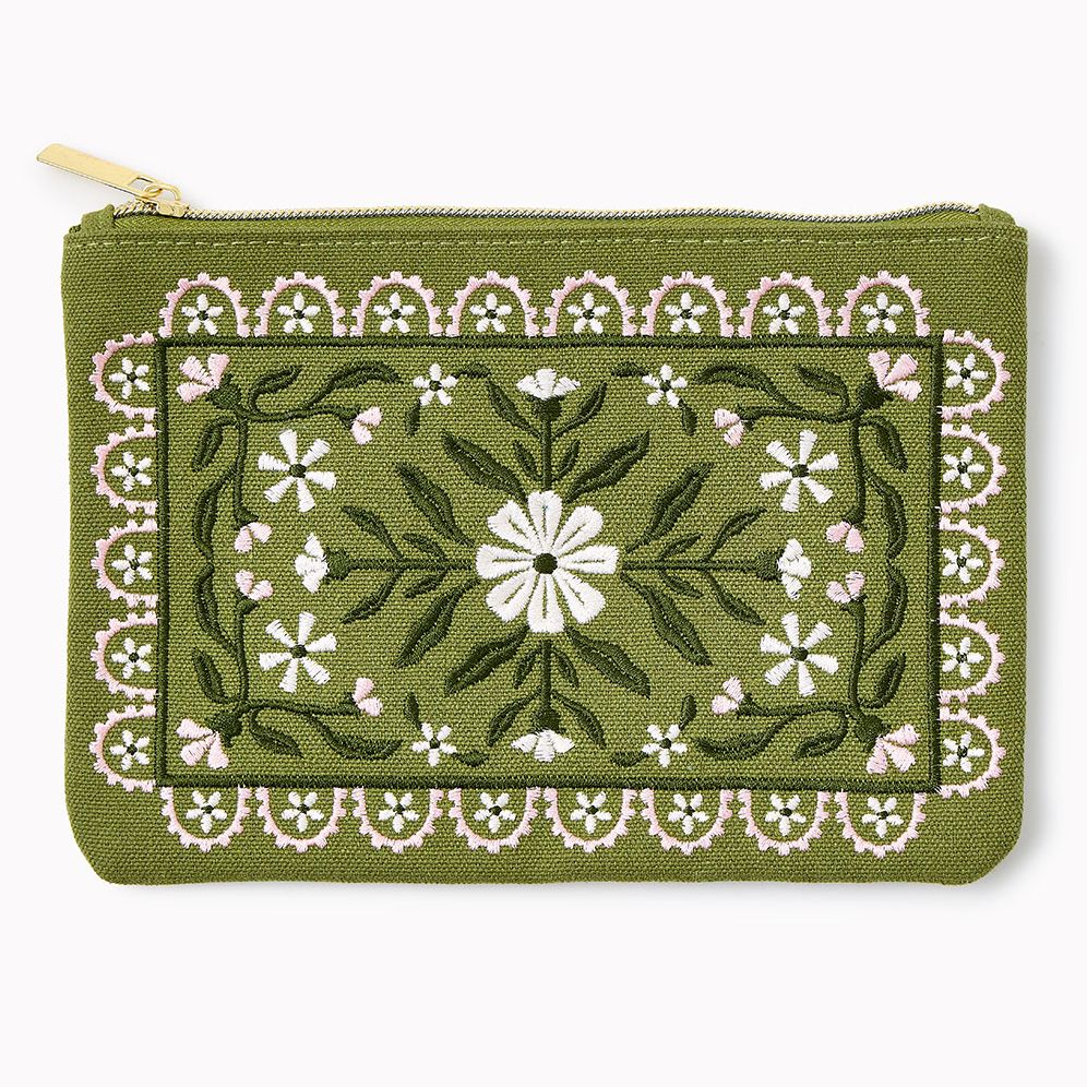 Green Floral Embroidered Pouch