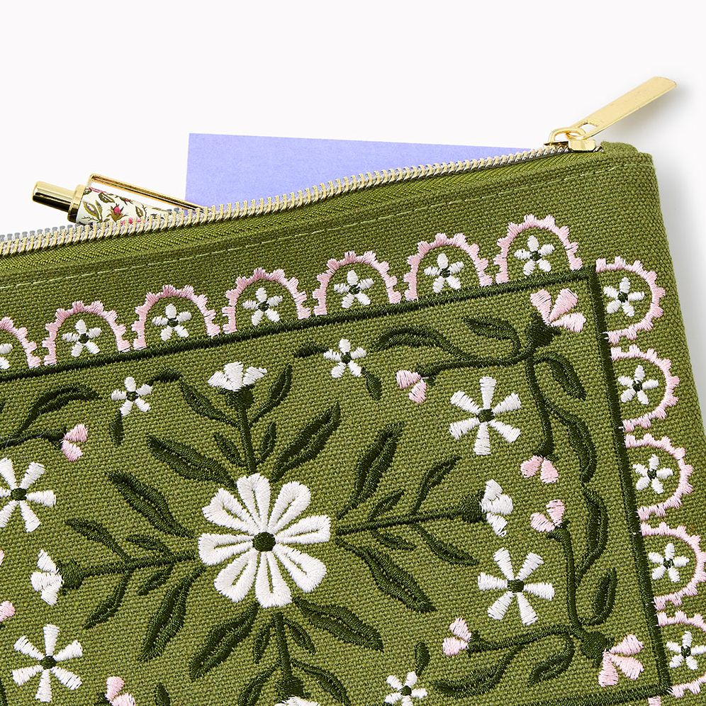Green Floral Embroidered Pouch