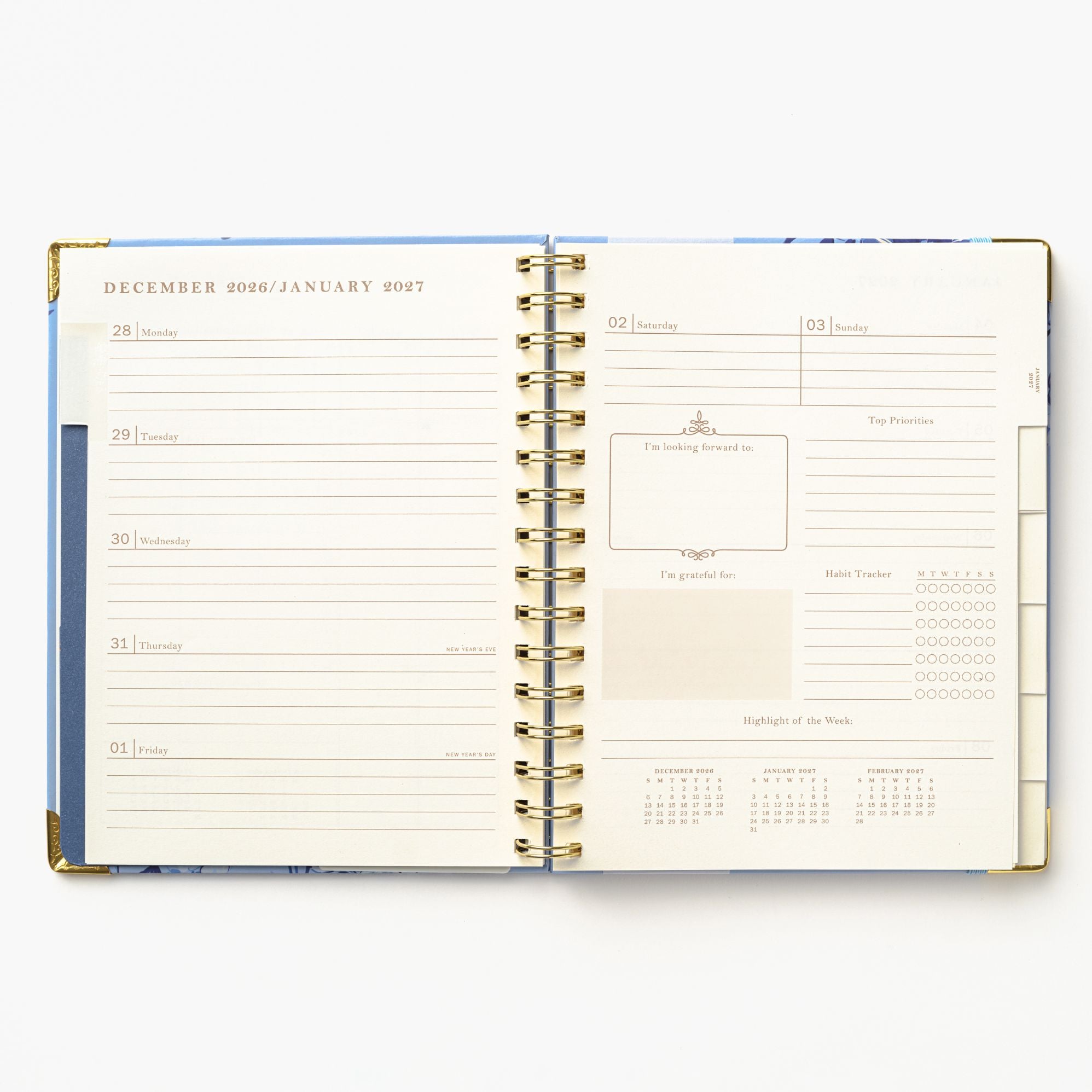2027 Blue Toile Bird 12-Month Weekly Medium Spiral Planner