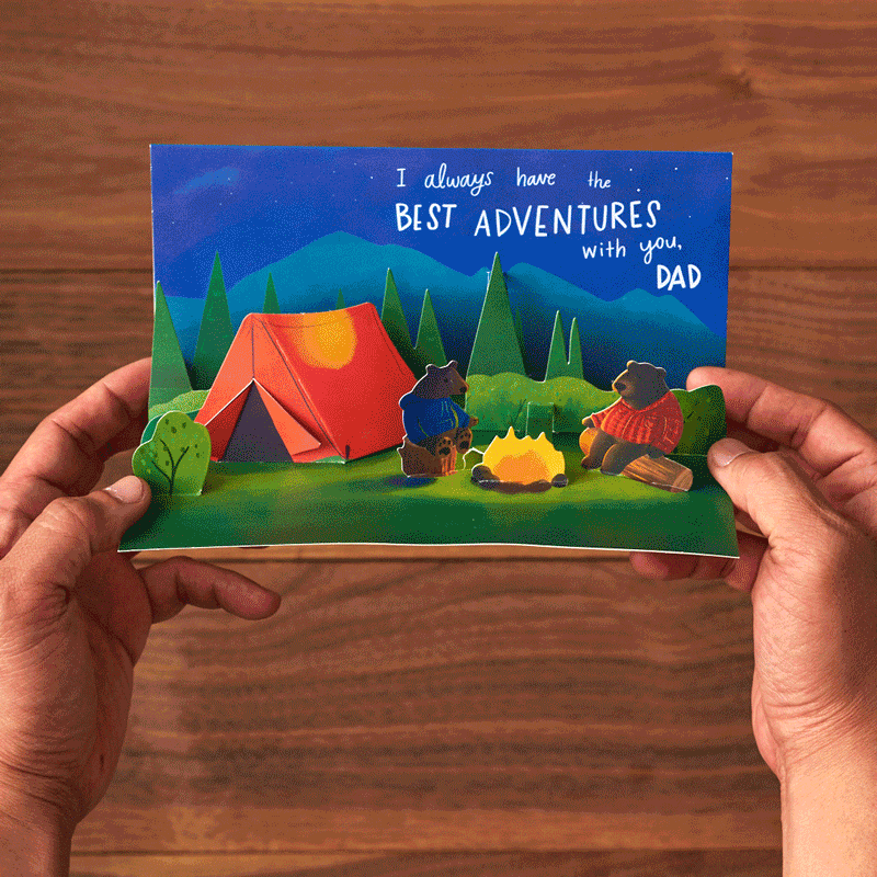 Father's Day pop-up greeting card with a camping theme. Card reads, I always have the best adventures with you, Dad.