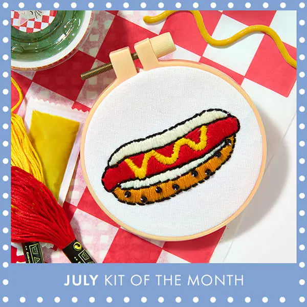 Hot Dog Embroidery Kit, the July Kit of the Month.