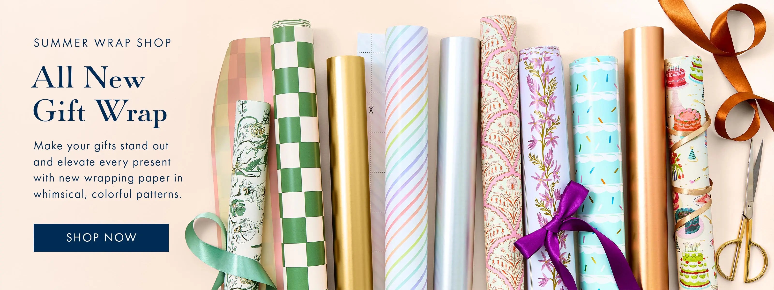 Shop new gift wrap in whimsical and colorful patterns.