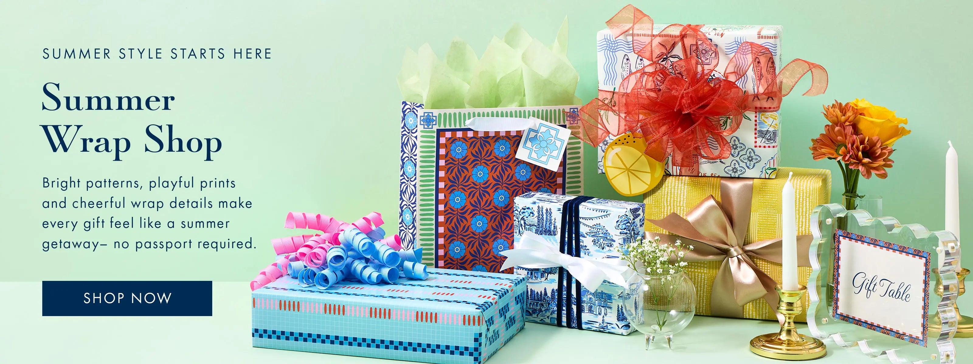 Shop summer wrapping paper in bright patterns and playful prints.