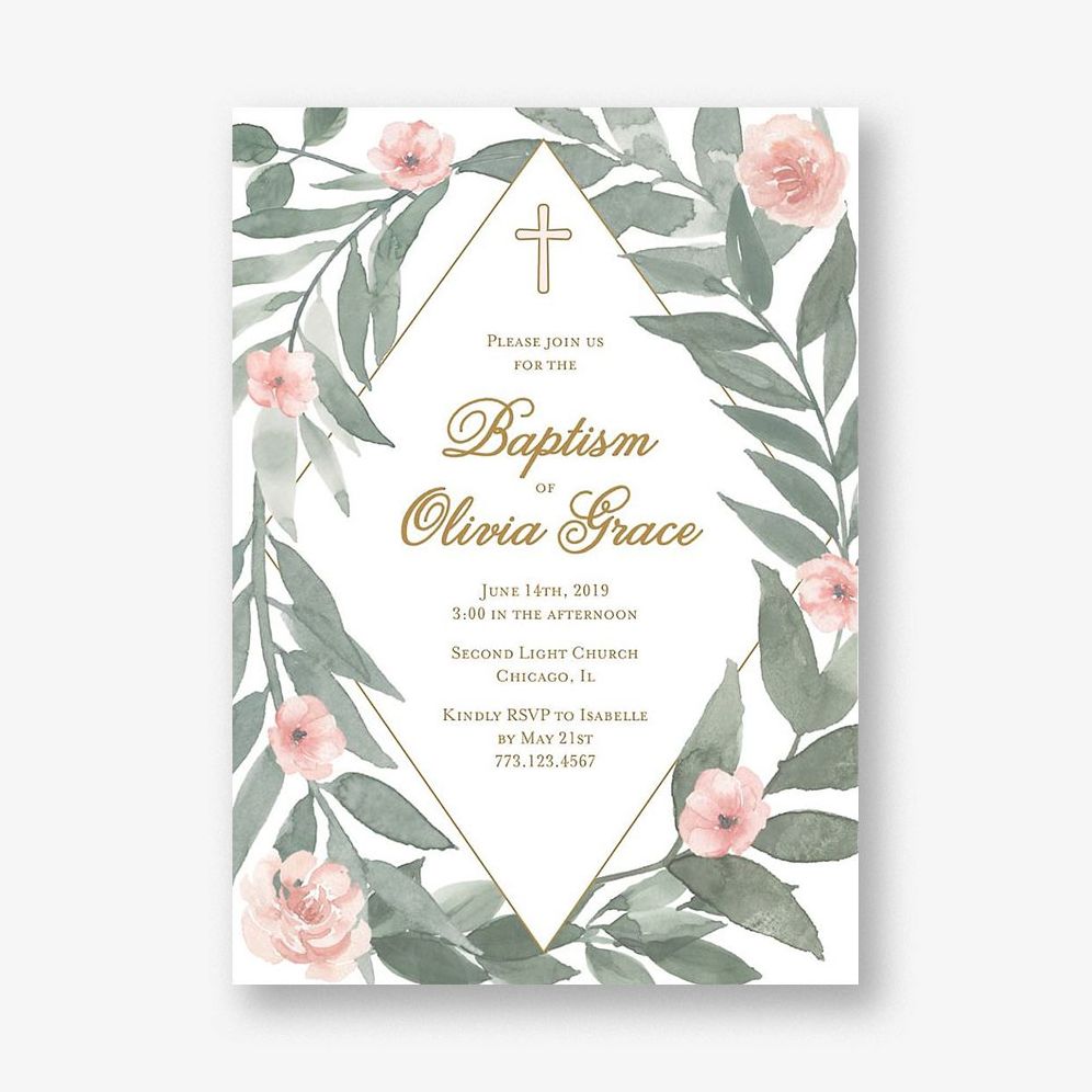 Greenery Blossoms Baptism Invitation