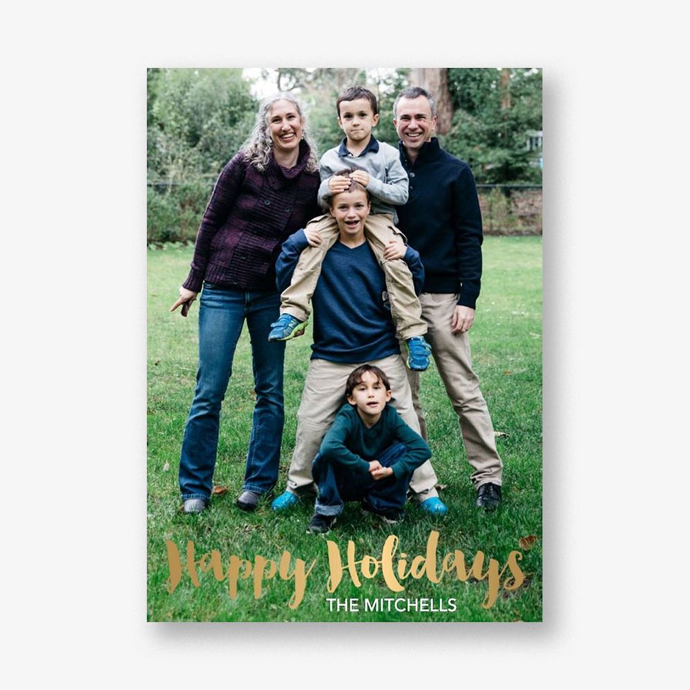 Foil Stamped Brush Bottom Vertical Happy Holidays Photo Card