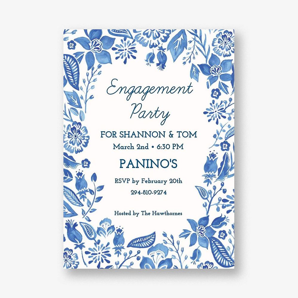 Blue Floral Engagement Party Invitation