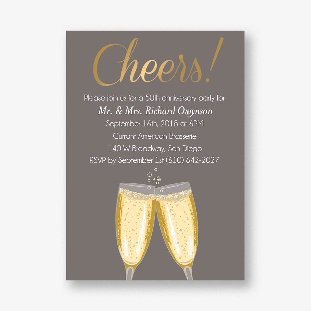 Gold Foil Stamped Cheers Script Anniversary Party Invitation