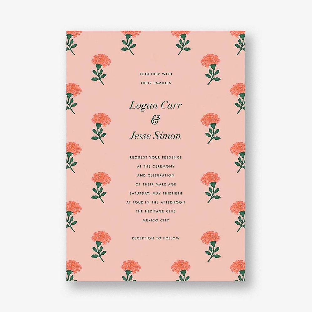 Dianthus Floral Coral Wedding Invitation