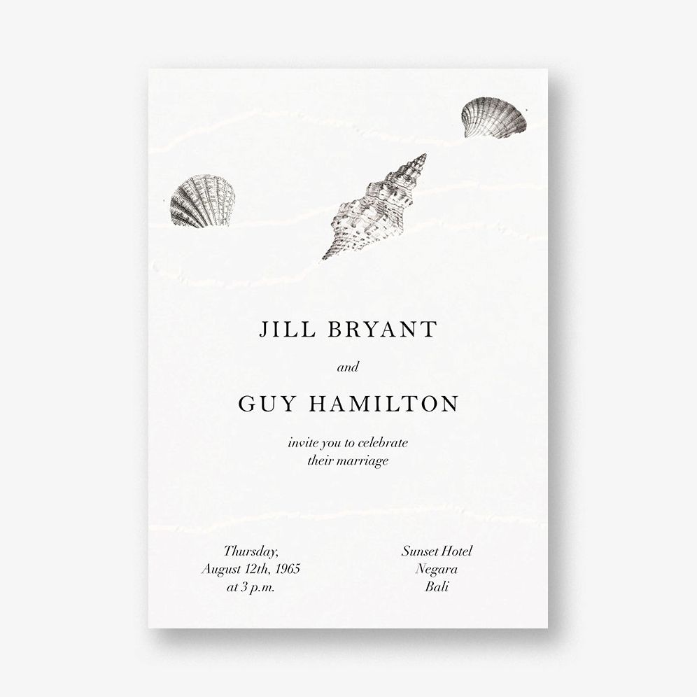 Waves and Seashells on White Wedding Invitation