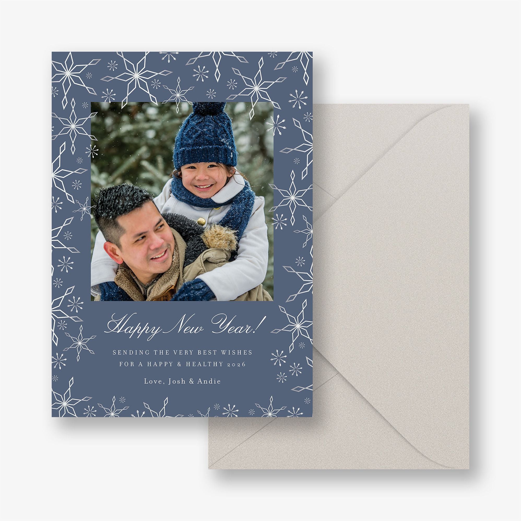 Scattered Snowflakes Foil New Years Photo Card