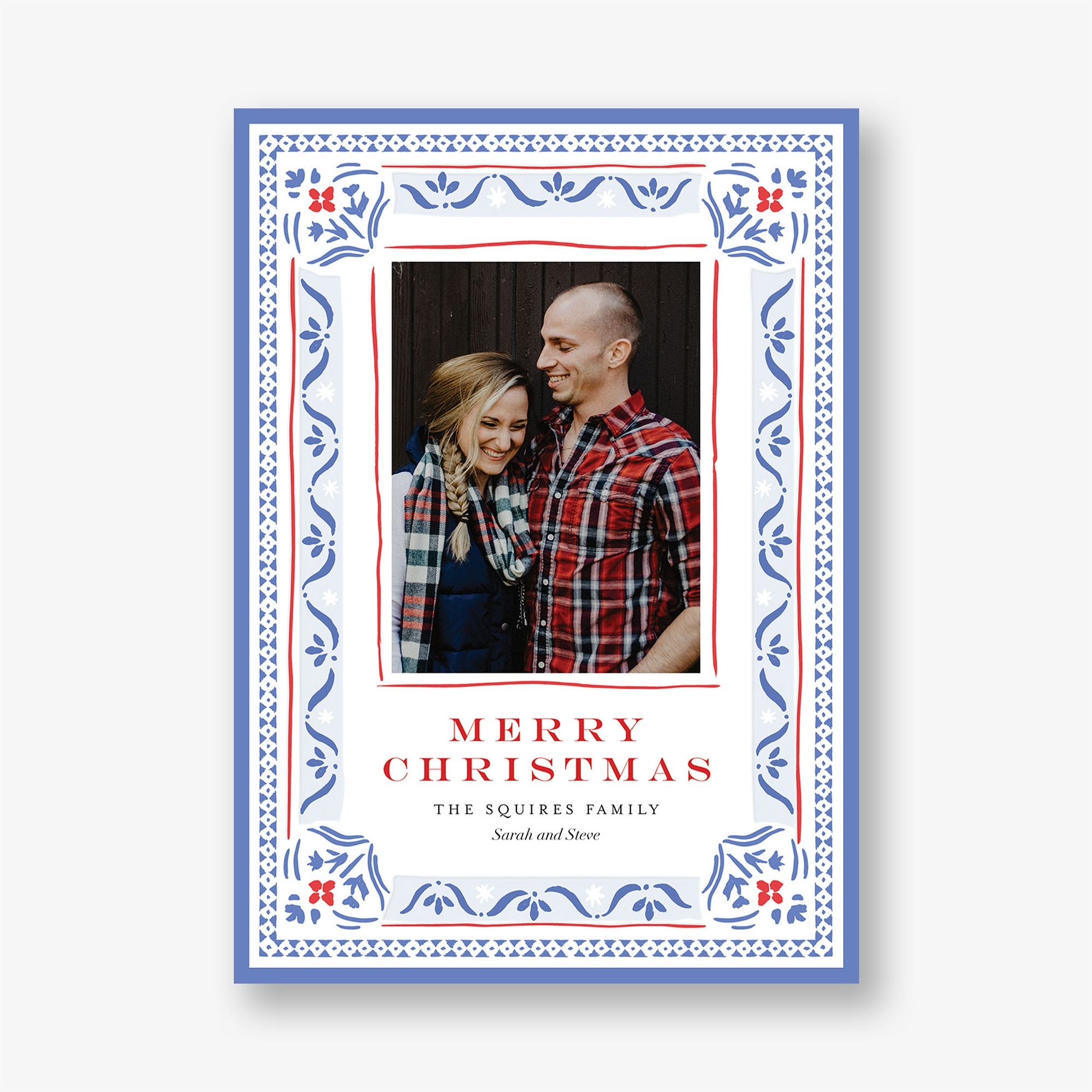 Blue Pattern Frame Holiday Photo Card