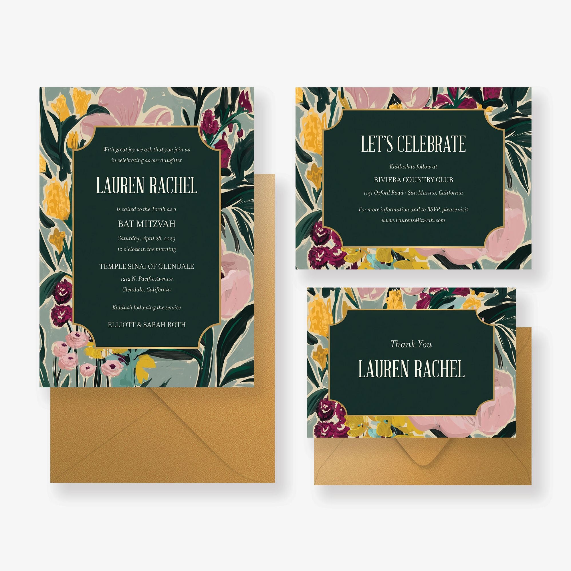 Moody Florals Foil Bat Mitzvah Invitation
