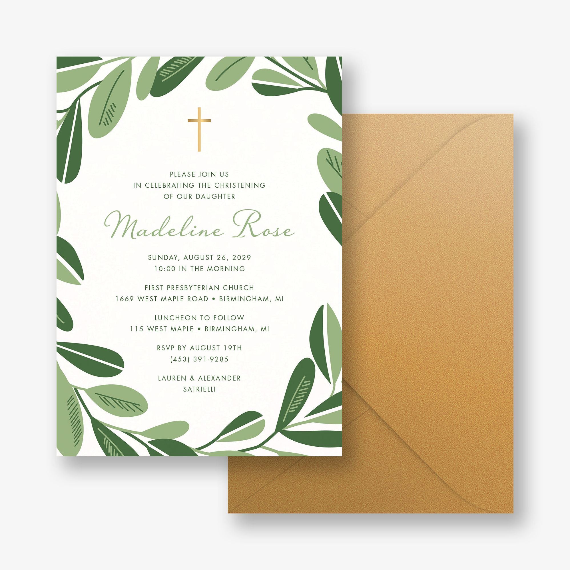 Greenery Cross Foil Christening Invitation