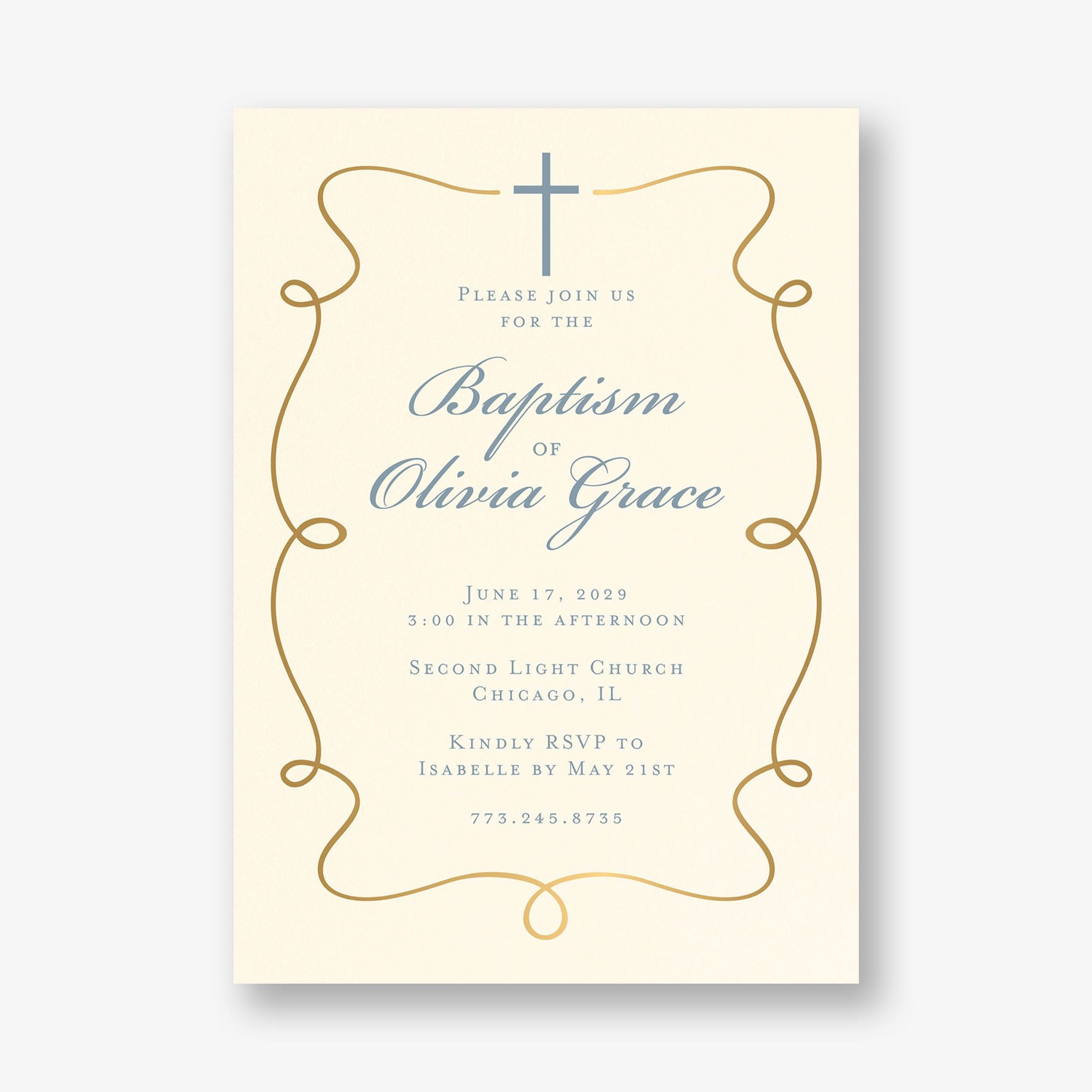 Scrollwork Cross Foil Baptism Invitation
