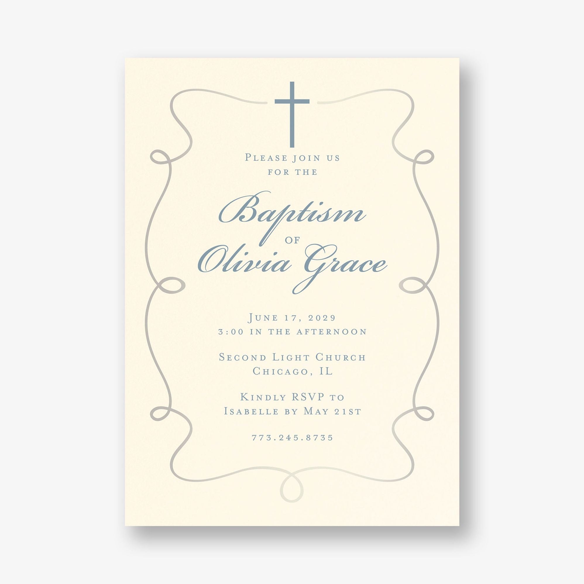 Scrollwork Cross Foil Baptism Invitation