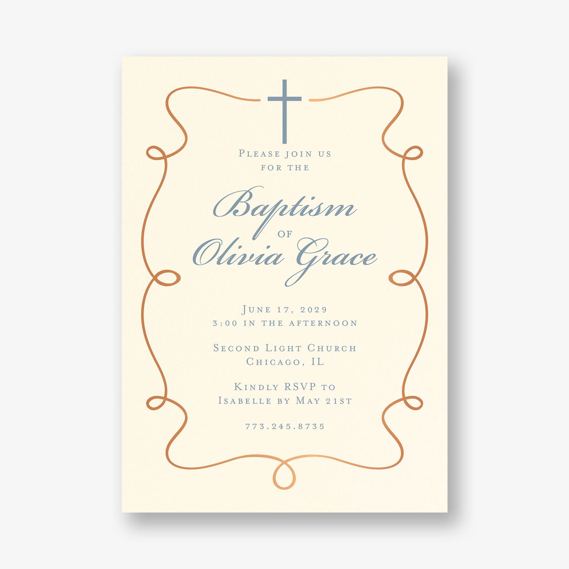 Scrollwork Cross Foil Baptism Invitation
