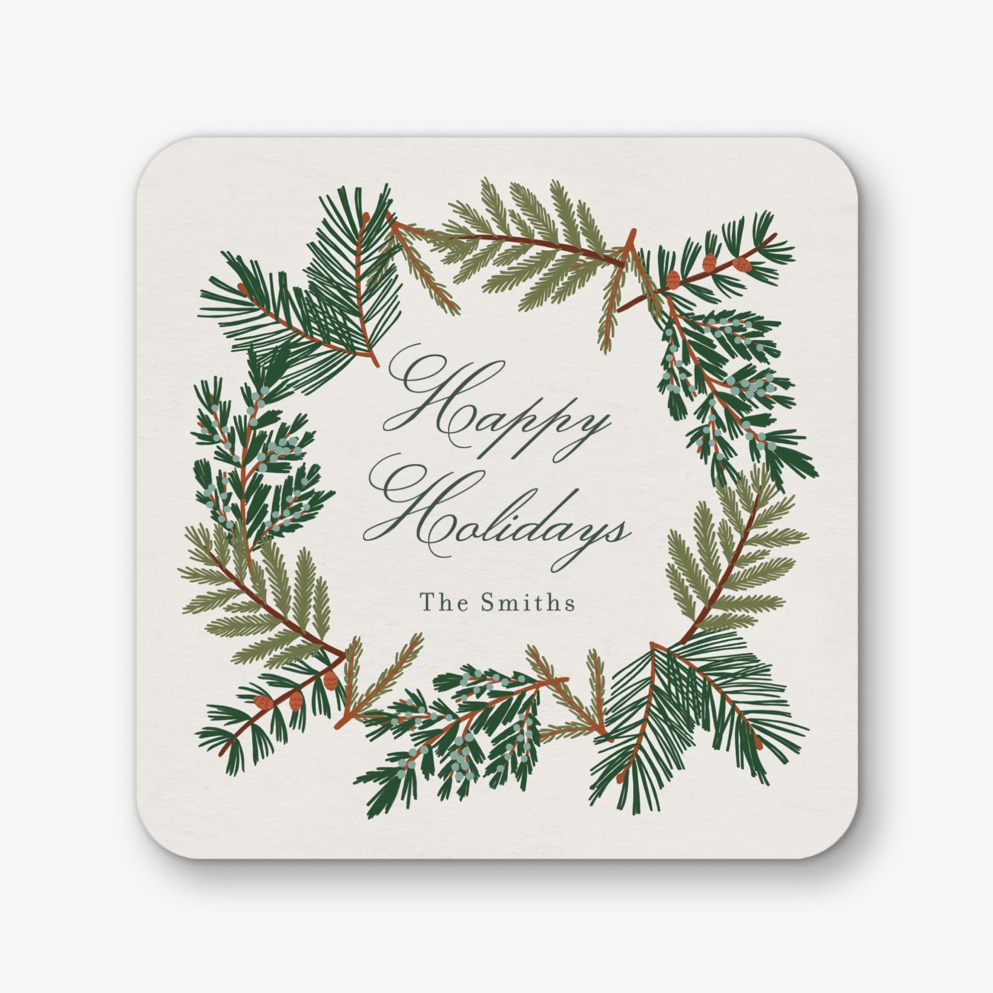 Pine Bough Wreath Square Custom Coasters