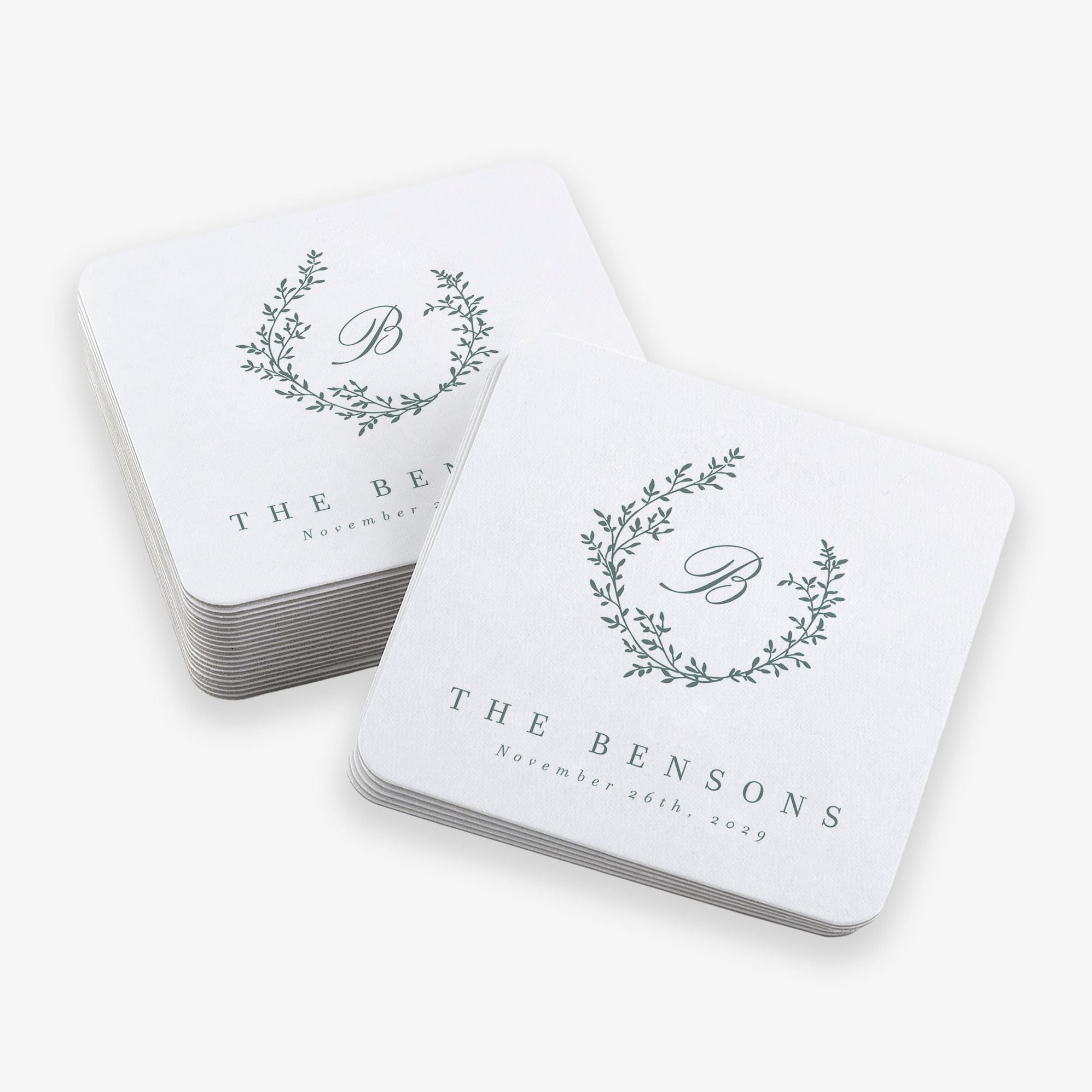 Botanical Wreath Monogram Square Custom Coasters