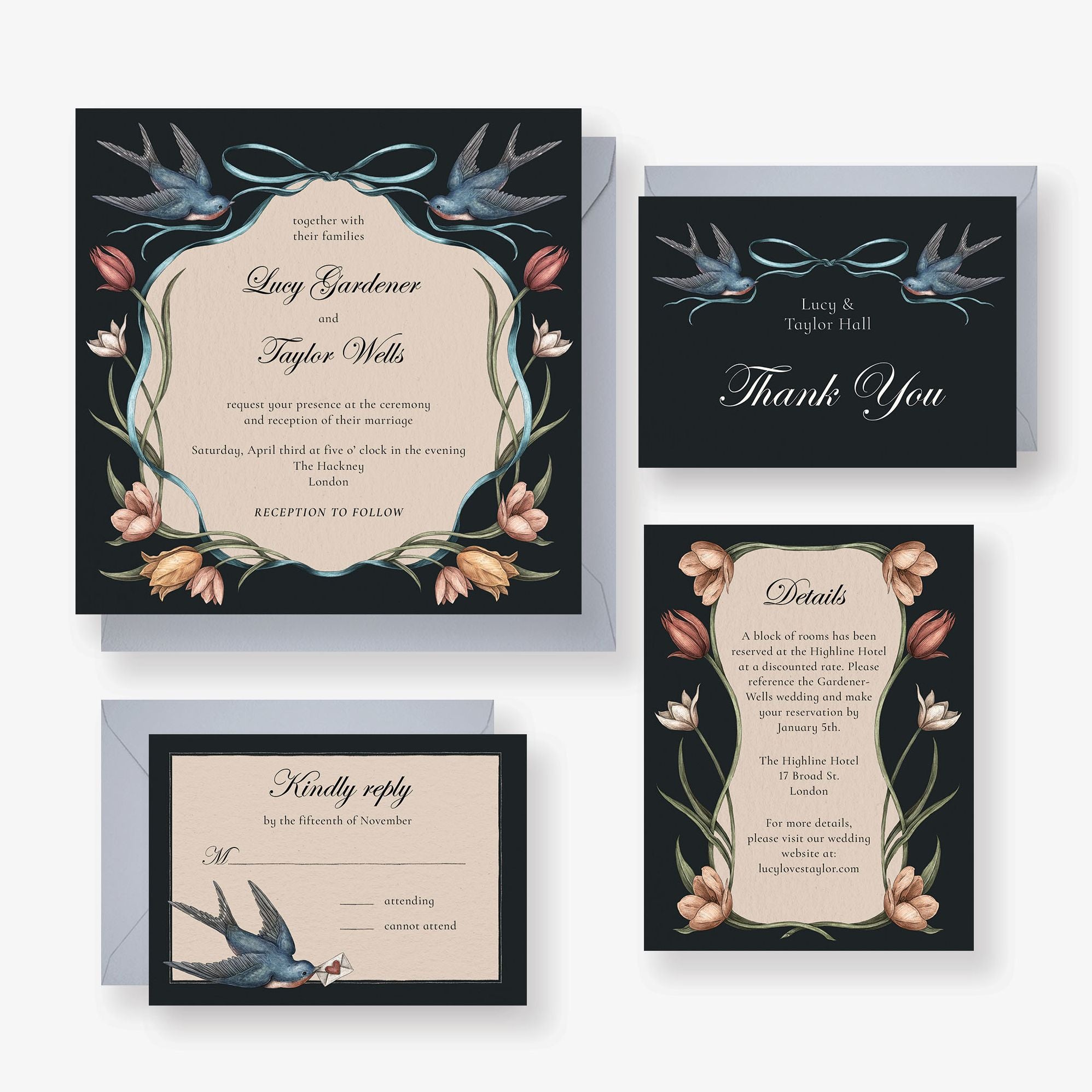 Tulips and Swallows Wedding Invitation