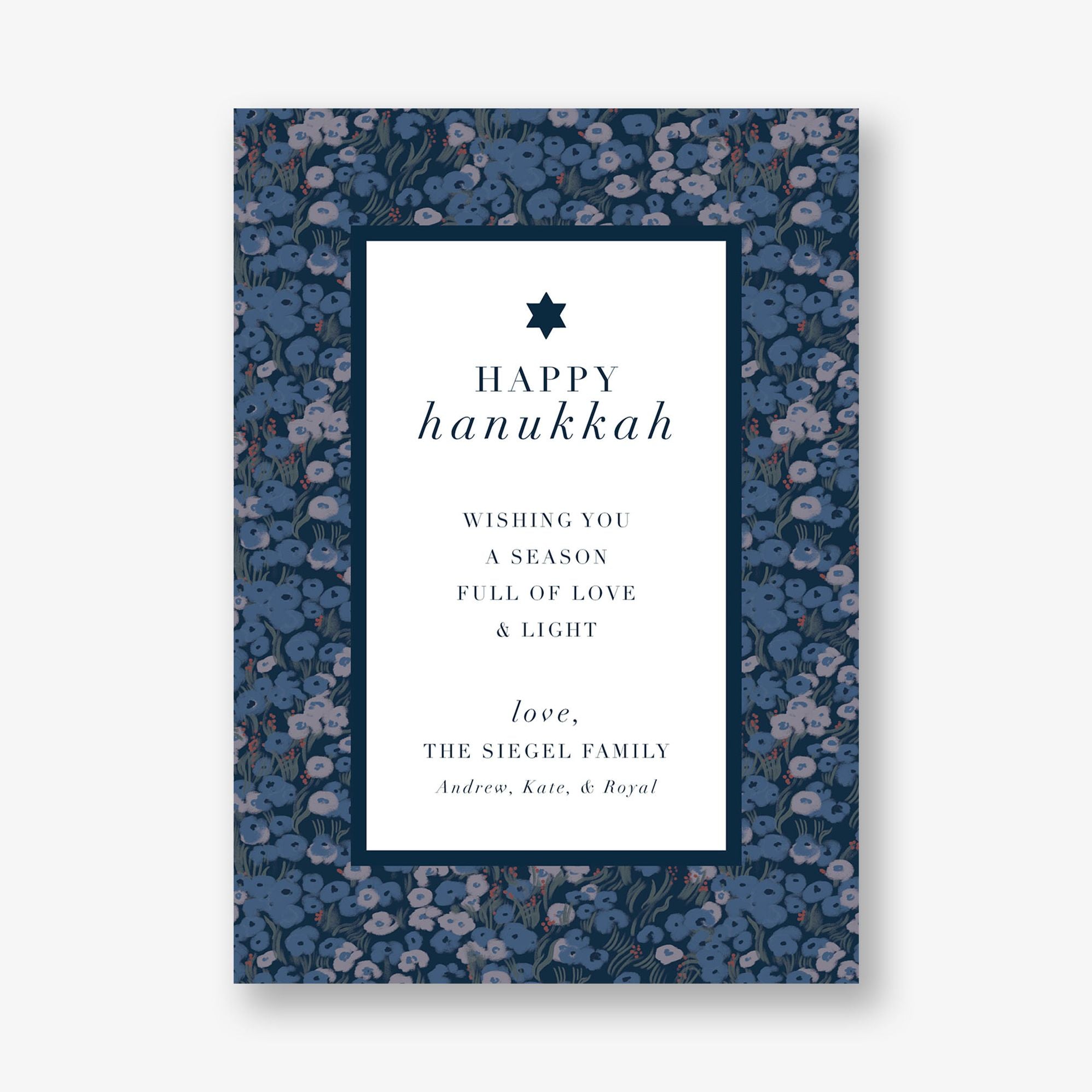 Blue Floral Frame Hanukkah Photo Card