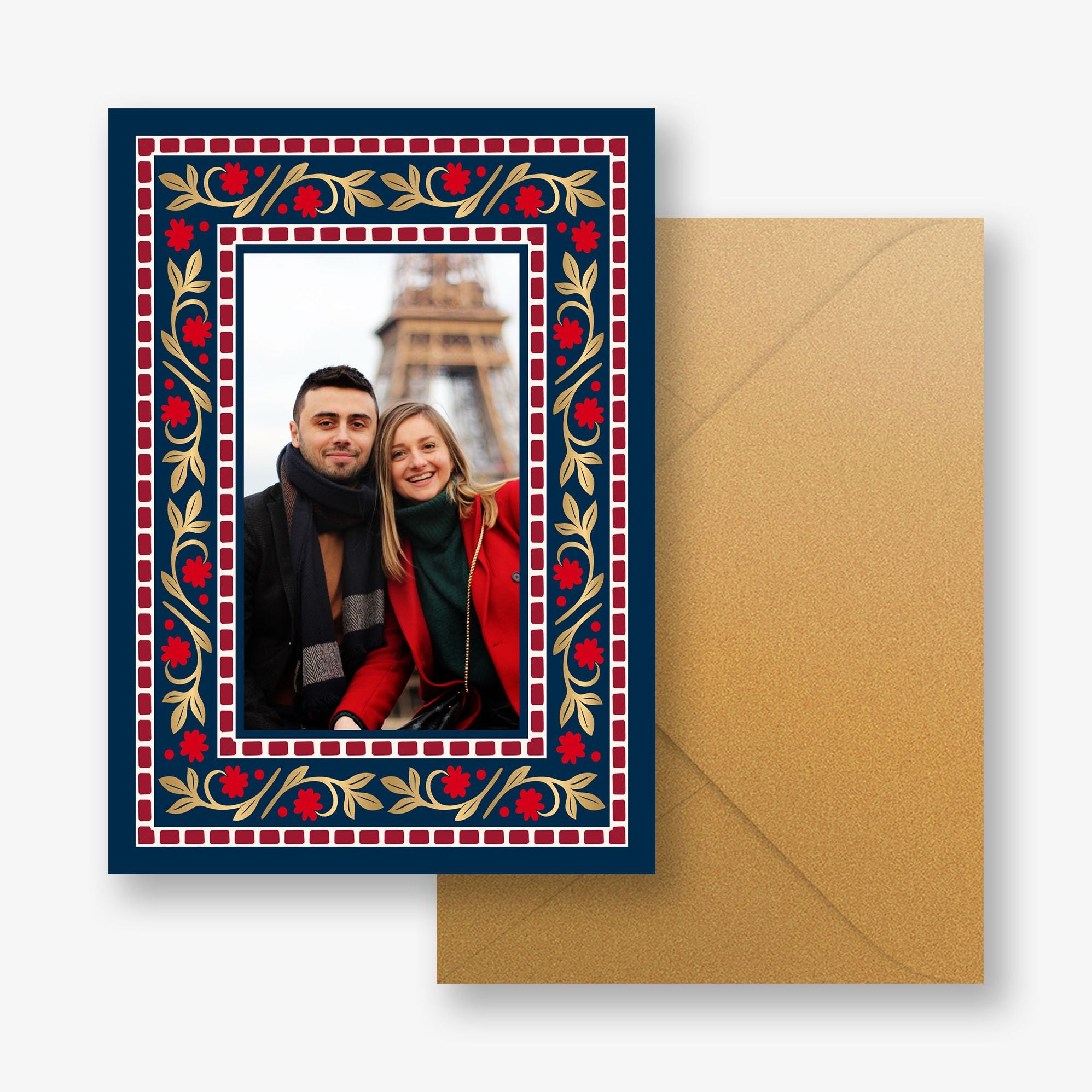 Brocade Foil Floral Frame Holiday Photo Card