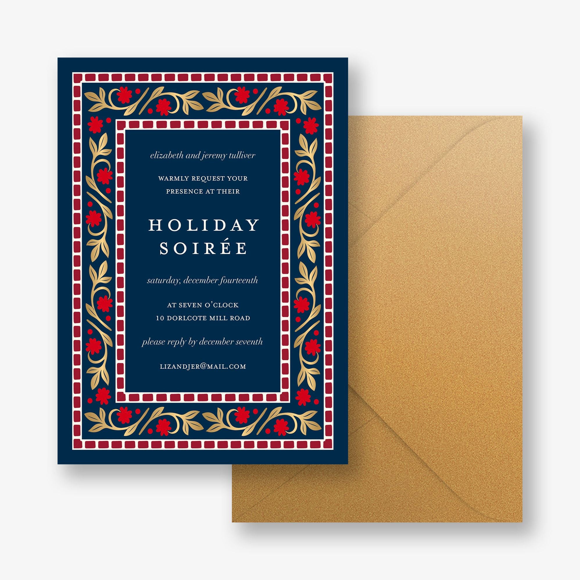 Brocade Foil Floral Frame Holiday Party Invitation