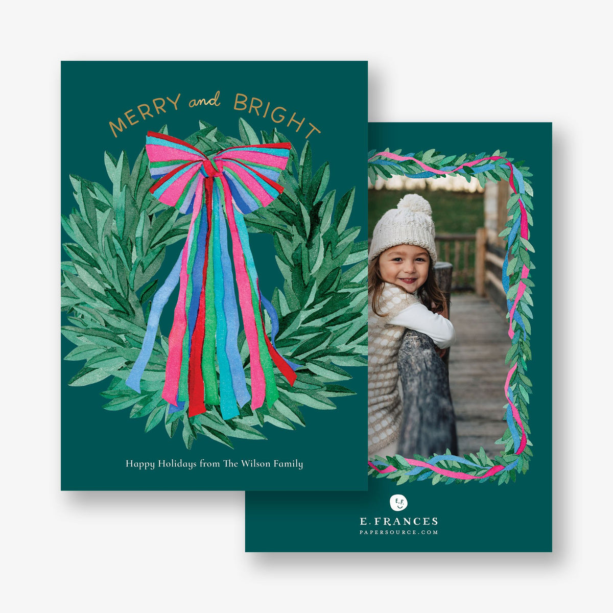 Colorful Ribbon Wreath Foil Holiday Photo Card
