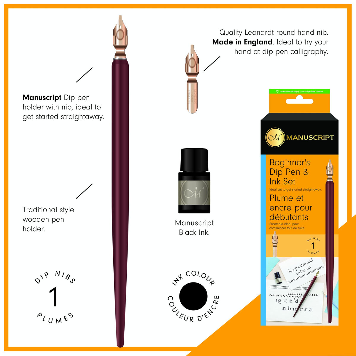 Manuscript Dip Pen Round Hand Nib Set with Holder & Black Ink