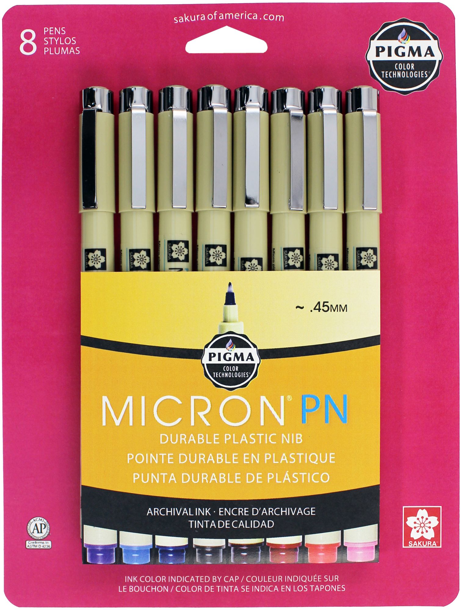 Sakura Pigma Micron PN - Plastic Nib 8 Pc Set; Contains 1 ea: Black, Blue, Red, Purple, Rose, Sepia, Burgundy, Blue/Black
