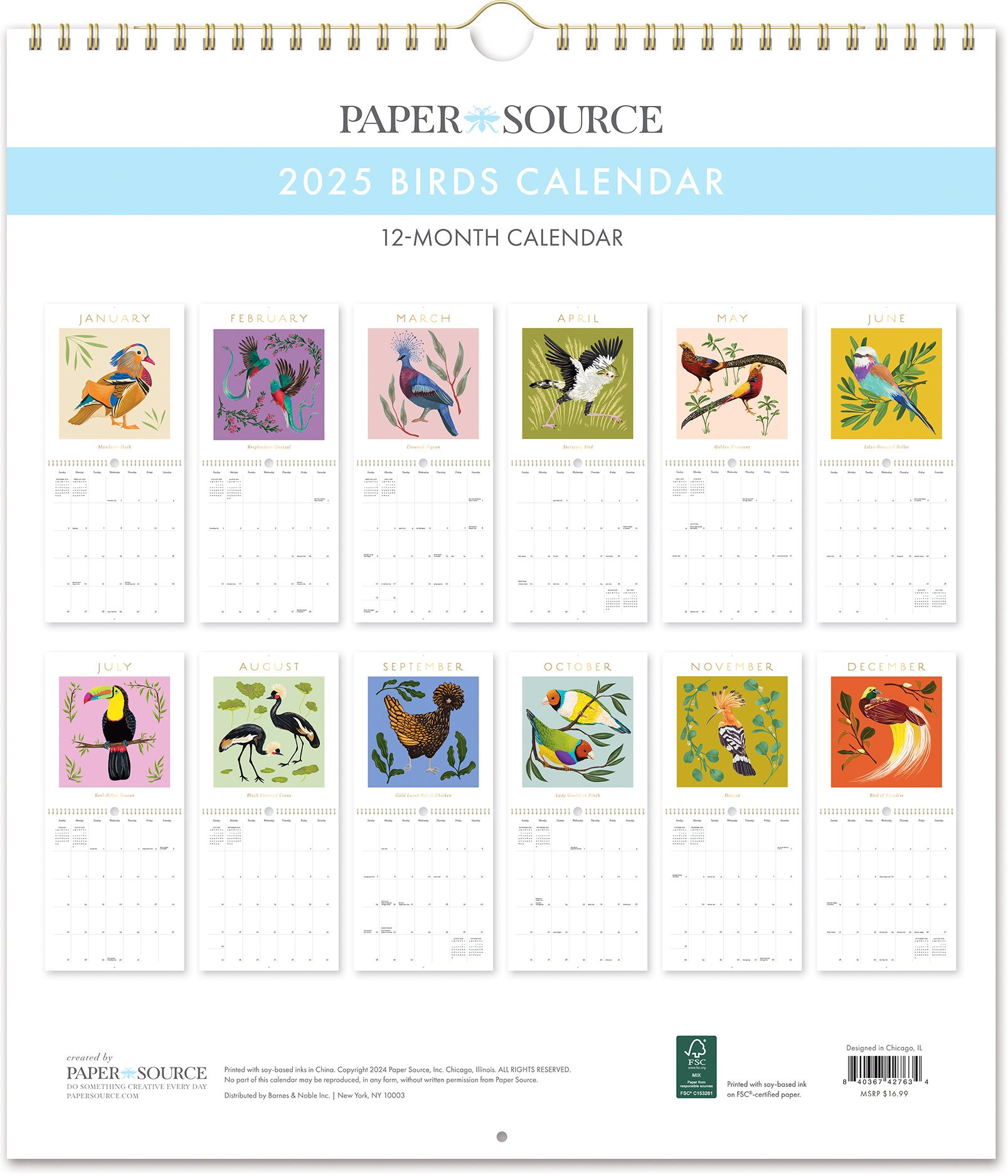 2025 Paper Source Bird Calendar Wall Calendar with Foil