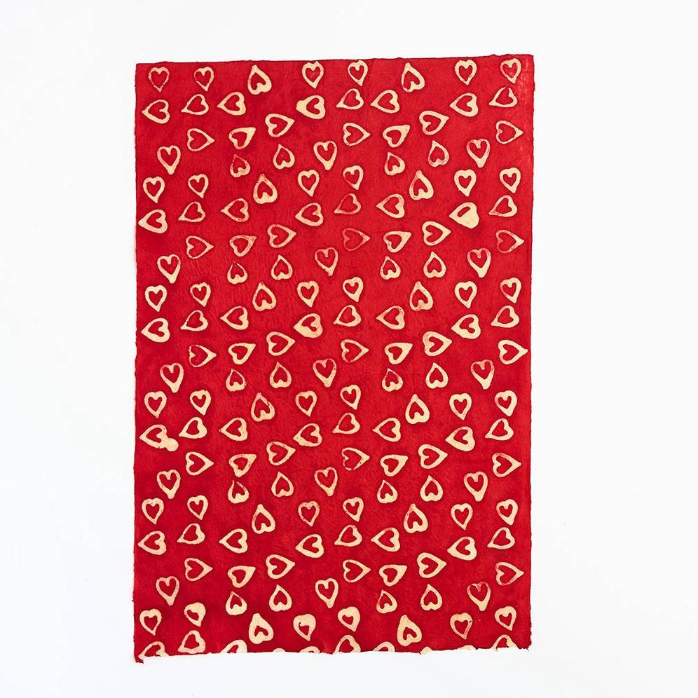 Batik Hearts on Red Handmade Paper