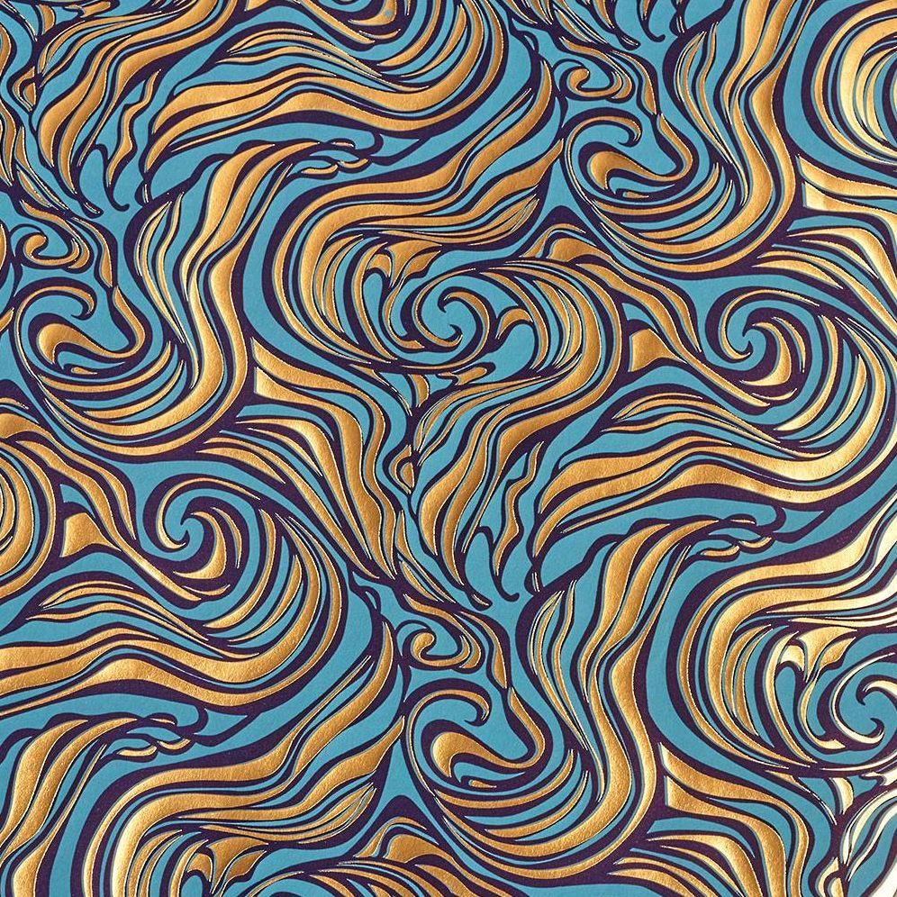 Gold Wavy Marble on Blue Handmade Paper