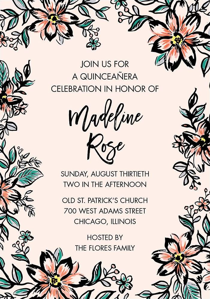 Pink Florals Quinceañera Invitation