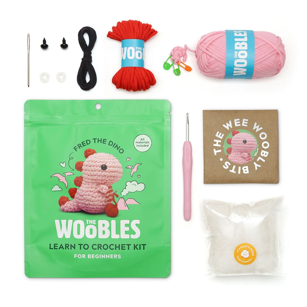 Pink Fred the Dinosaur, The Woobles Beginner Crochet Kit