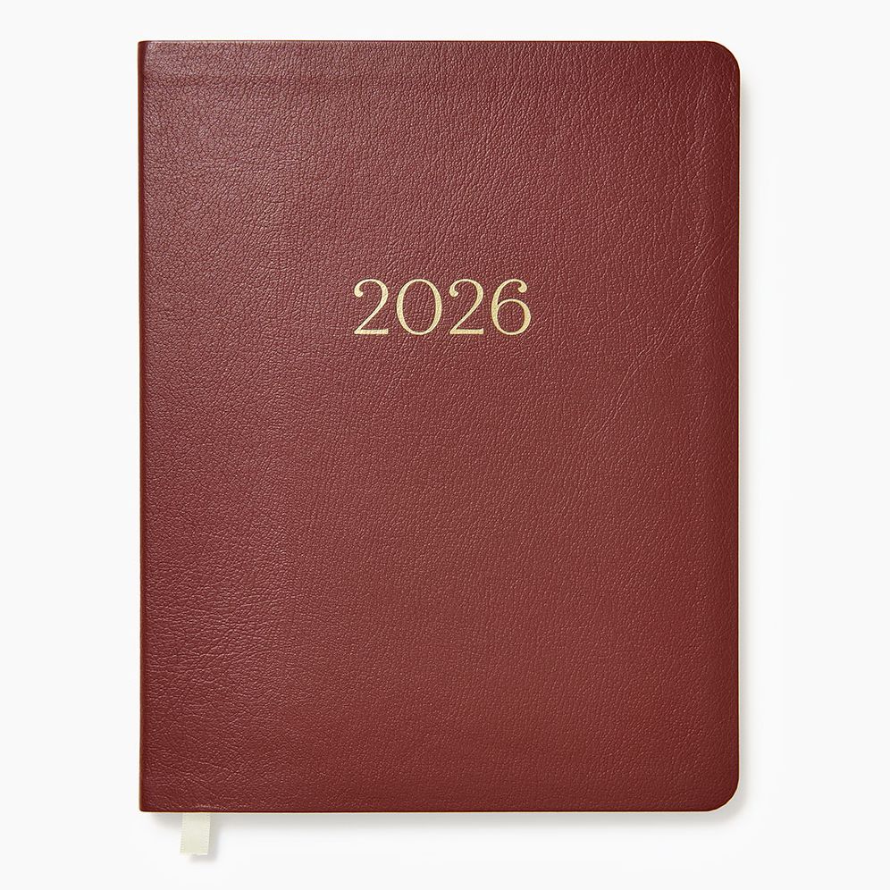 2025-2026 Paper Source Maroon Leather 18-Month Weekly Desk Planner