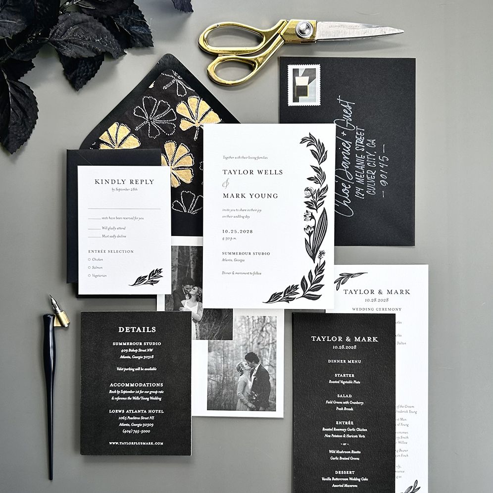 Black and White Floral Wedding Invitation
