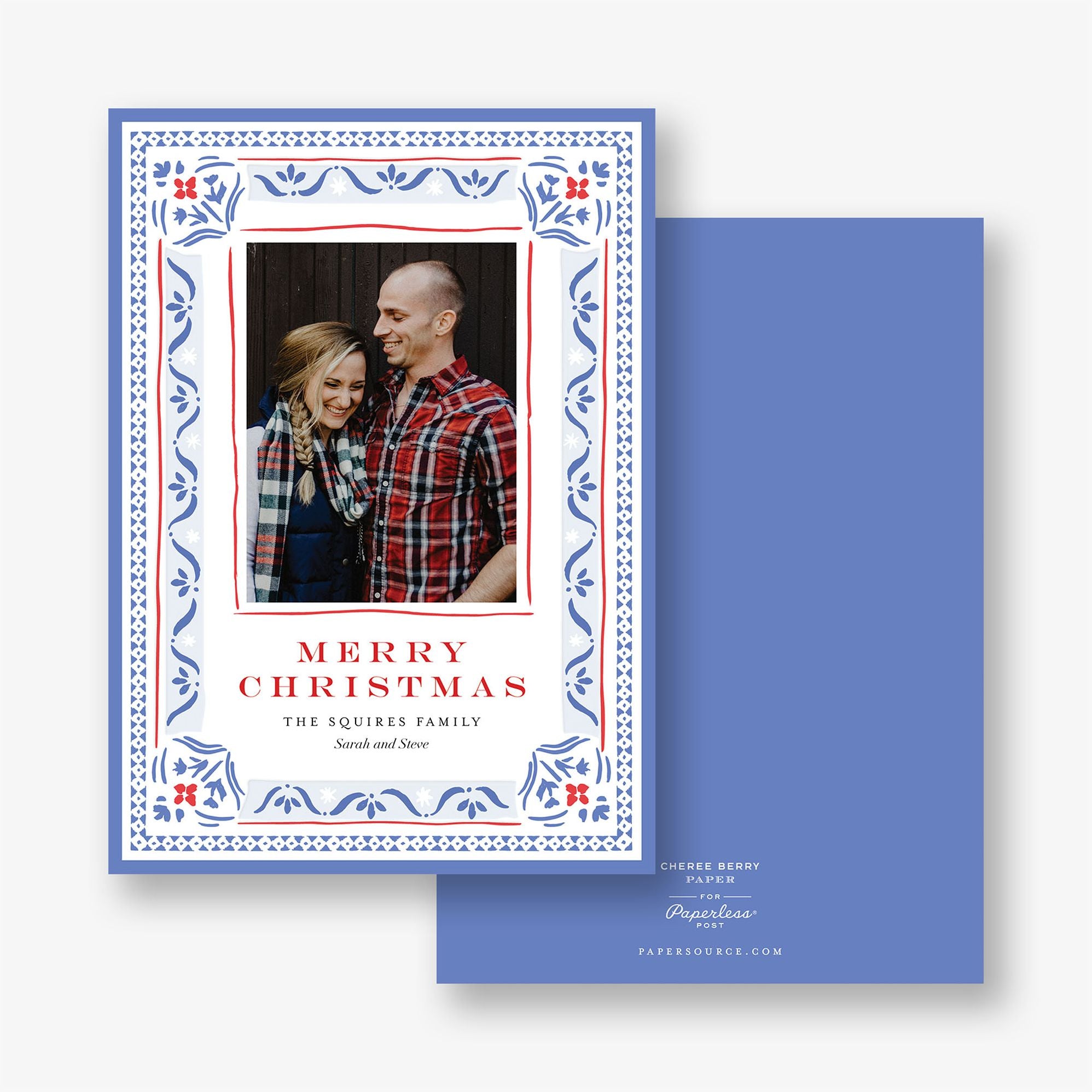 Blue Pattern Frame Holiday Photo Card