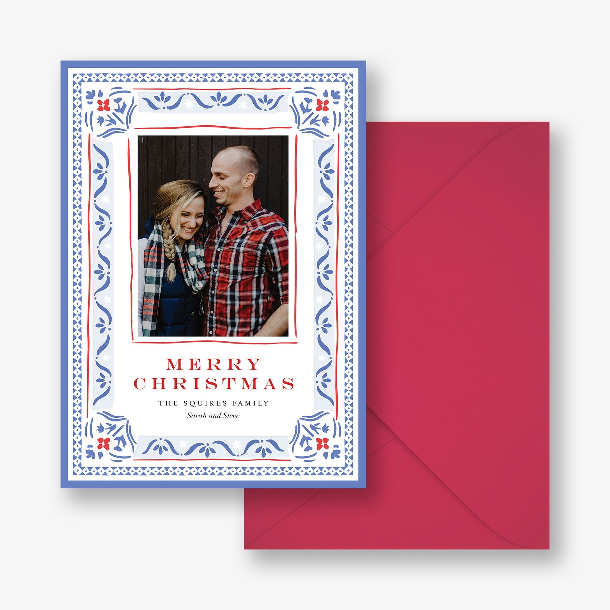 Blue Pattern Frame Holiday Photo Card